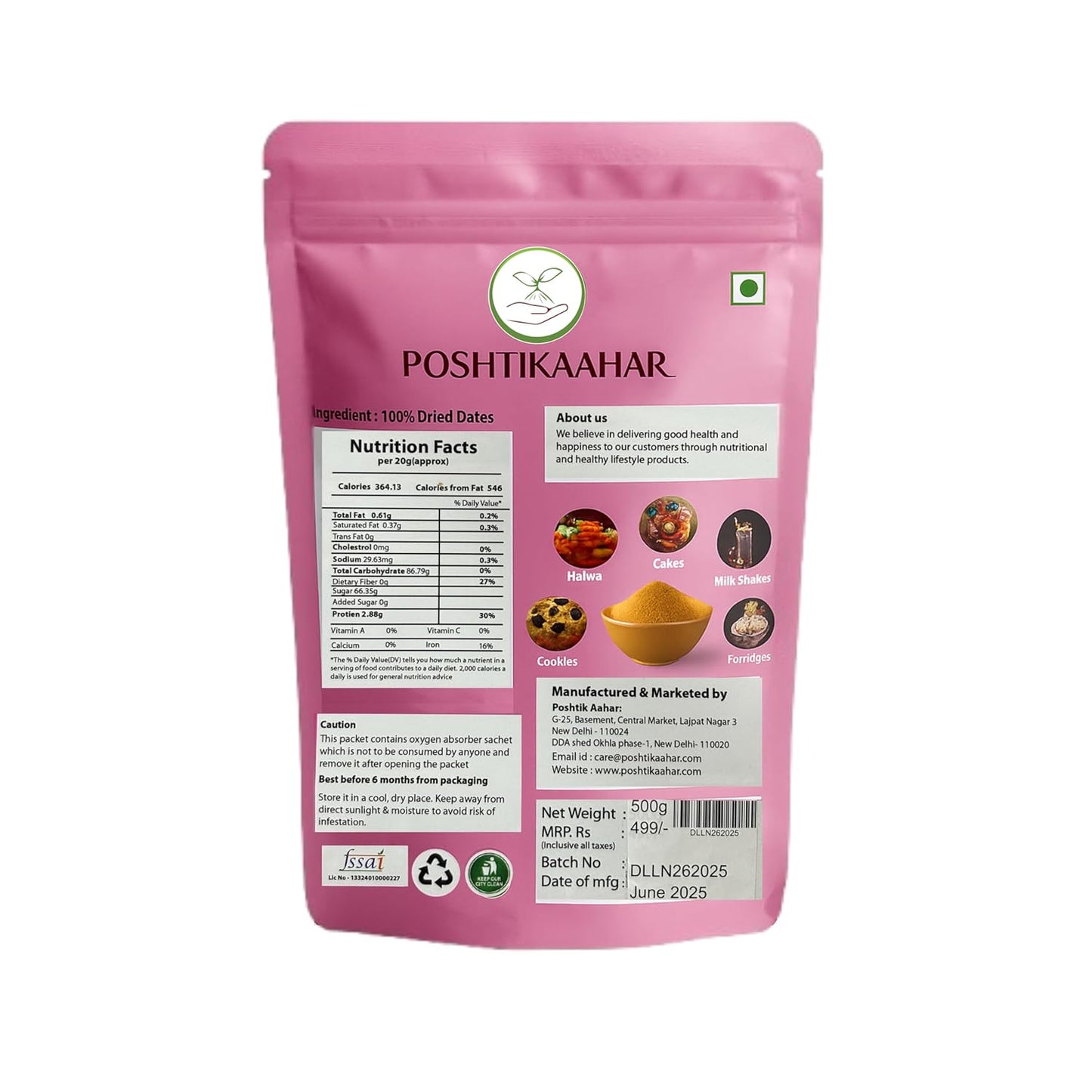 Poshtik Aahar Date Powder, Date Sugar, Healthy Sugar Substitute for White & Brown Sugar 500g