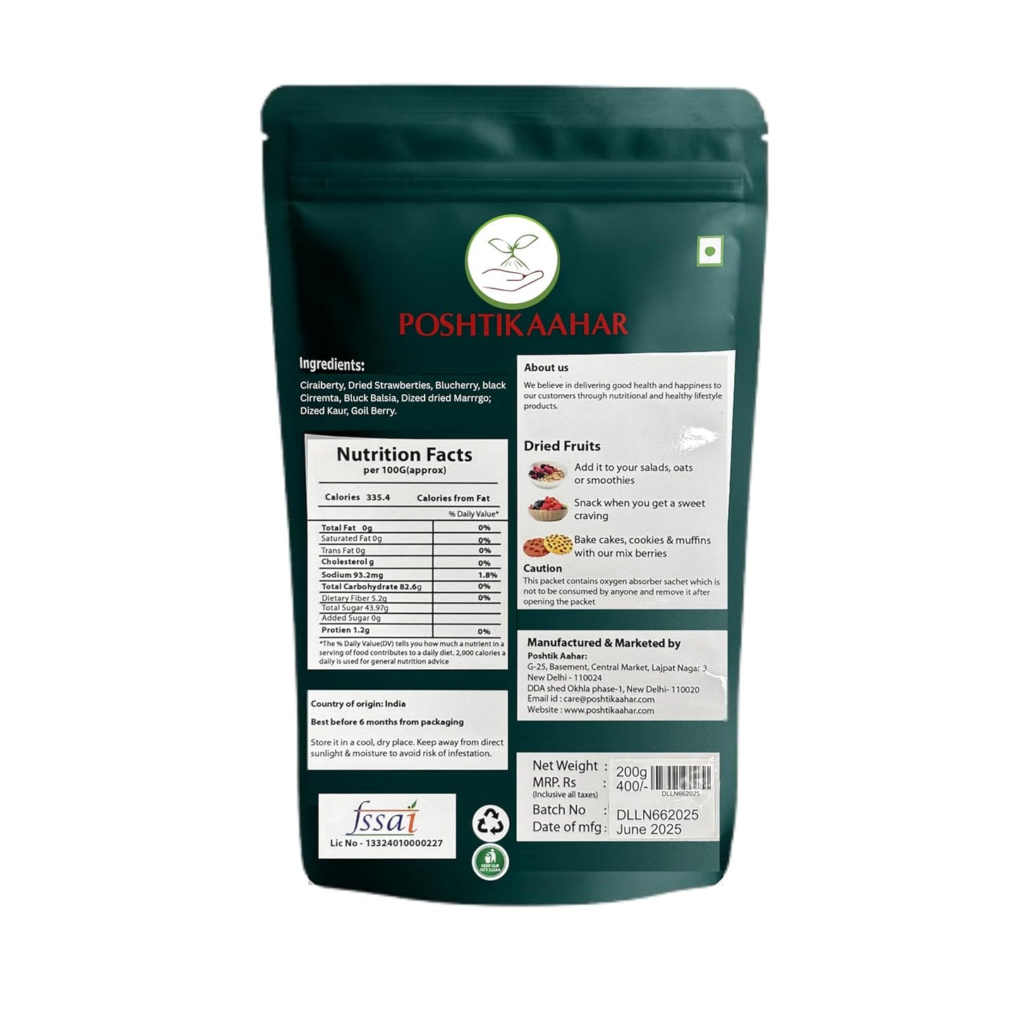 Poshtik Aahar Berries Mix | 8-In-1 Healthly Snacks Contains Cranberry, Black Raisins, Strawberry, Black Currant & More  - 200g