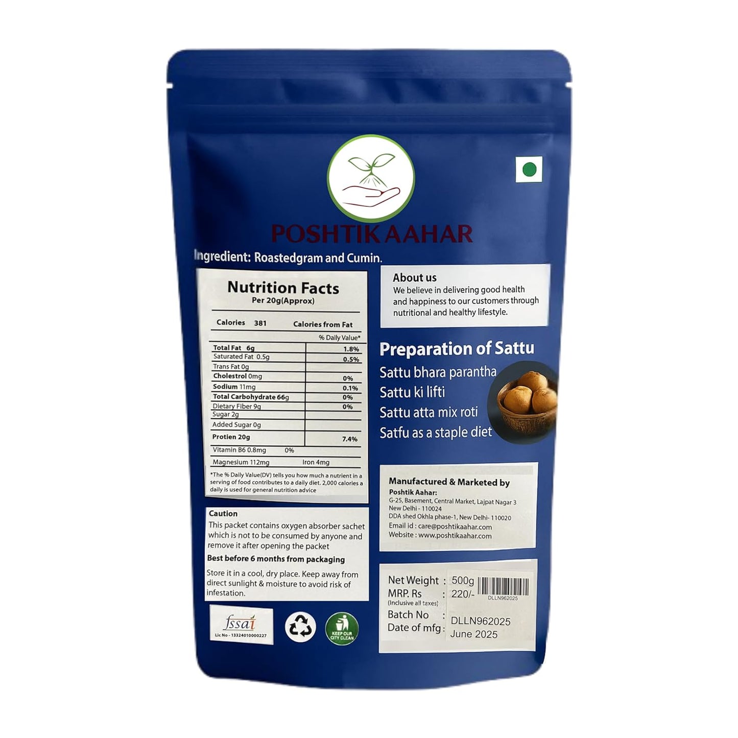 Poshtik Aahar Sattu 500g  - Roasted Gram Flour (Sattu Atta) Indian Chana Powder