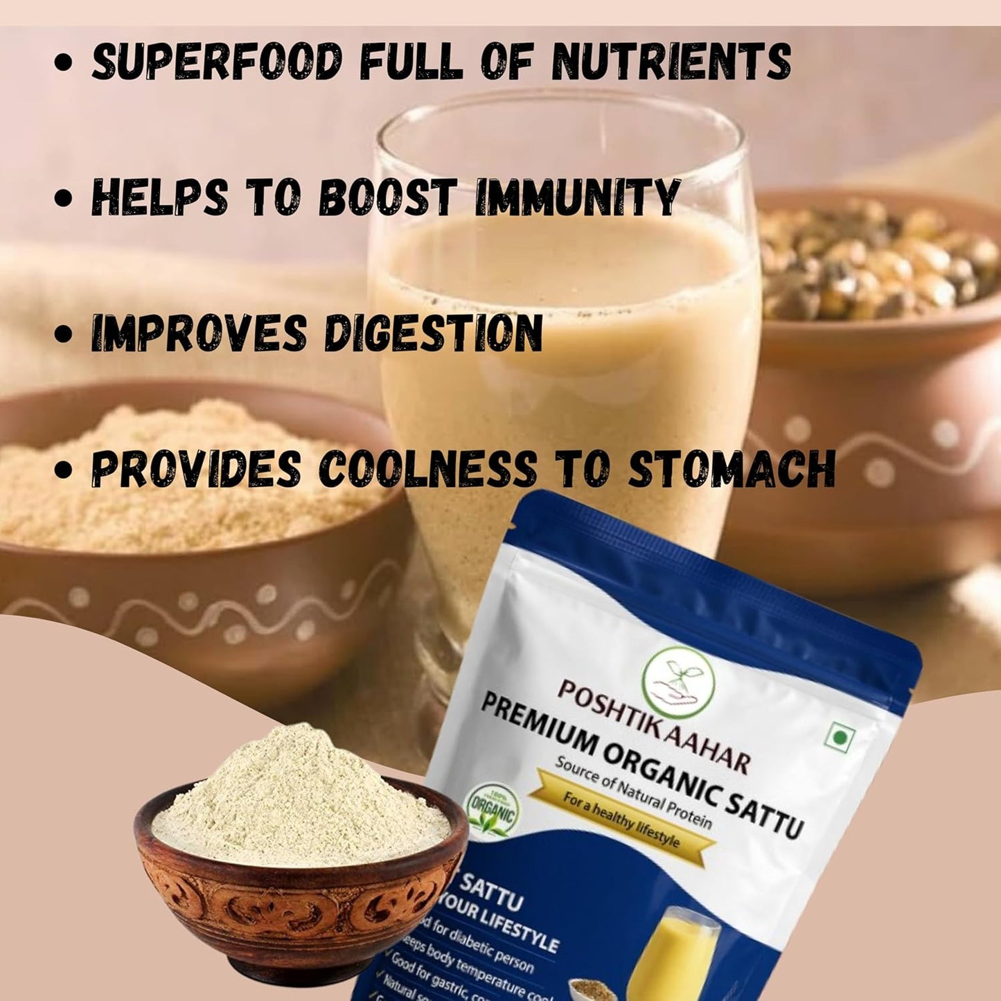 Poshtik Aahar Sattu 500g  - Roasted Gram Flour (Sattu Atta) Indian Chana Powder