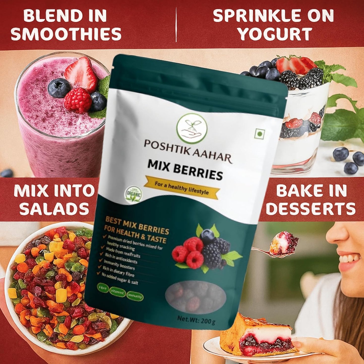Poshtik Aahar Berries Mix | 8-In-1 Healthly Snacks Contains Cranberry, Black Raisins, Strawberry, Black Currant & More  - 200g